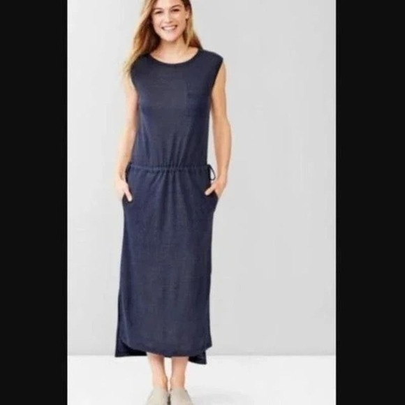 Gap 100% Linen Sleeveless Maxi Dress Size Small Petite Navy Blue Drawstring - Picture 1 of 12